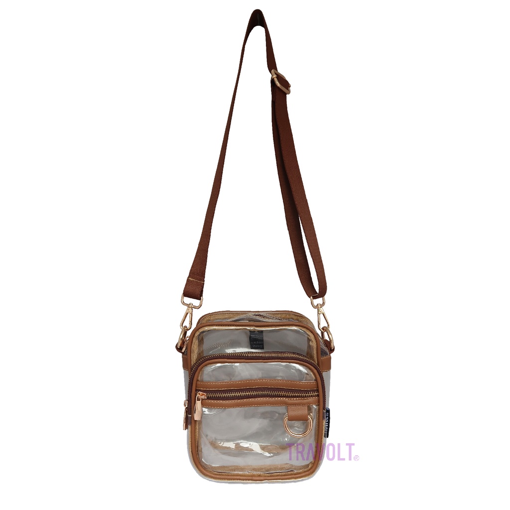 Tas Selempang Transparan Resleting - Kulit Coklat -Travolt - Sling bag pouch - Tas PVC Mika tebal - Tas Konser KPOP - iseul