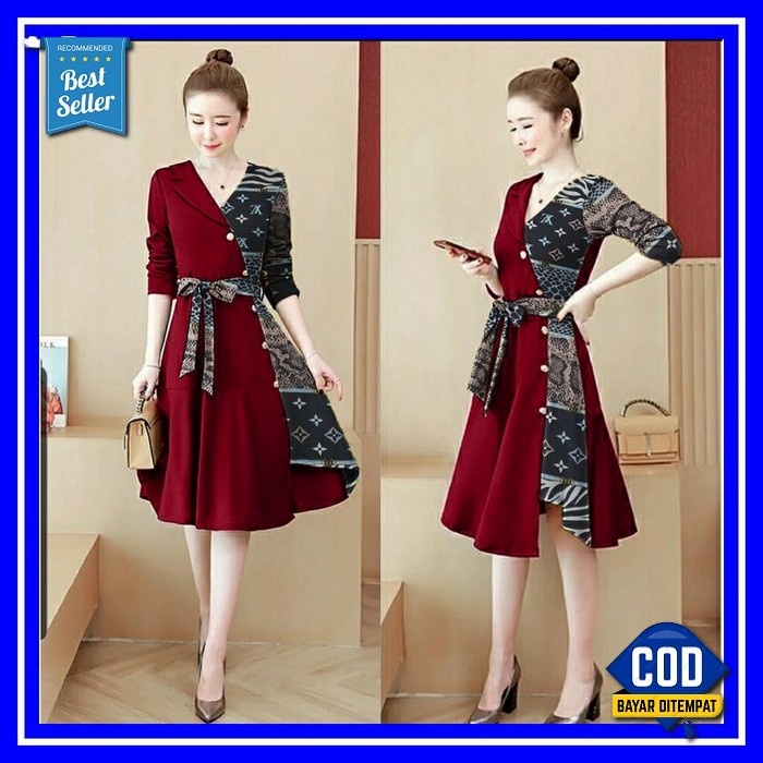 Baju Dress Pesta Hari Raya Natal 2021 Midi Dress Wanita Dewasa Kekinia Fwg - Dress Rainsa / Dress Ra