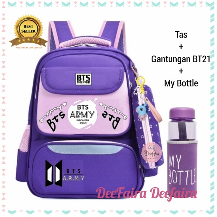 PROMO TAS WANITA Tas Sekolah Wanita Backpack Anak Perempuan BTS Army Bonus BT21 Botol - Ungu TERBARU