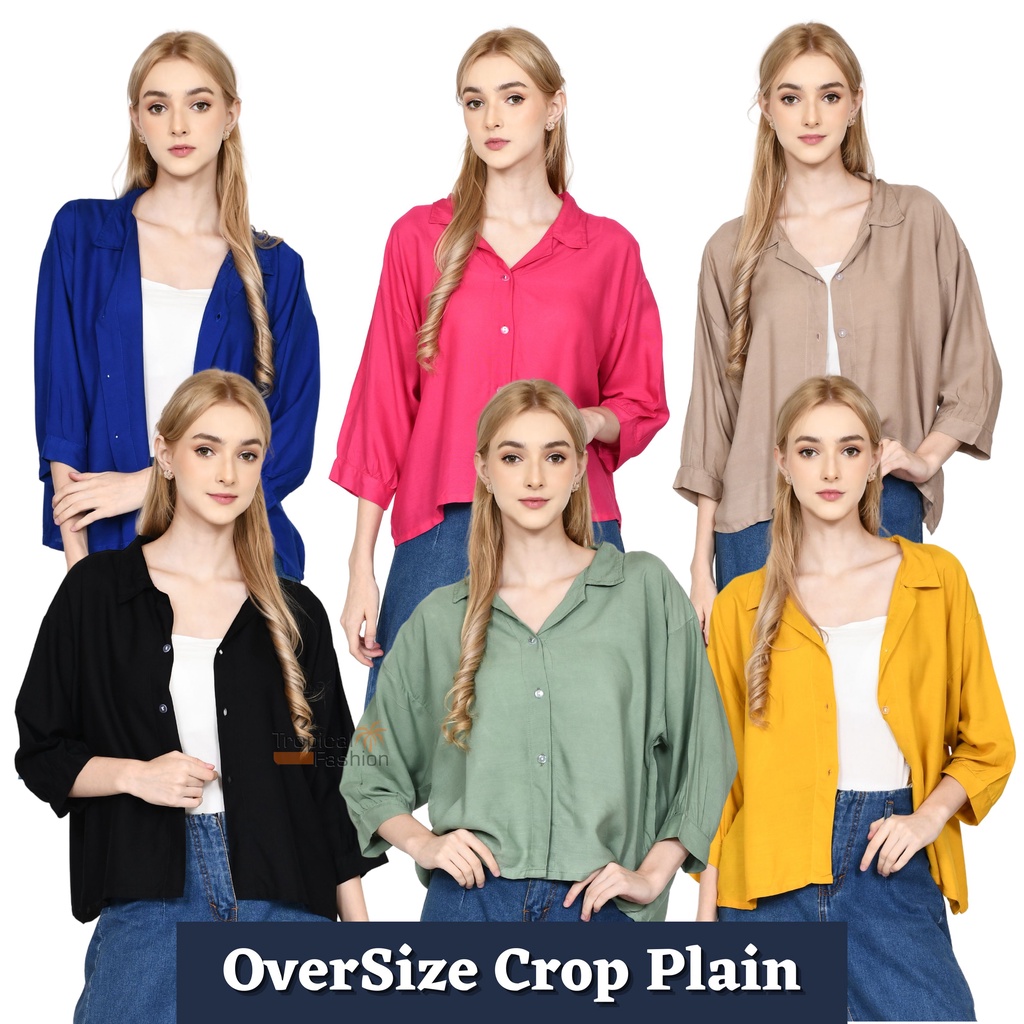 Kemeja Wanita OverSize Crop POLOS Garis Terbaru Kekinian l Cwek Style Korea