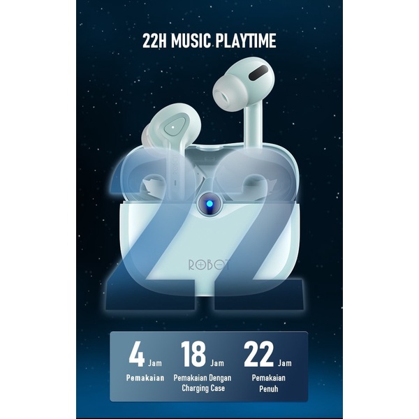 Earphone TWS ROBOT T30 Airbuds bluetooth 5.3 True wireless Blue