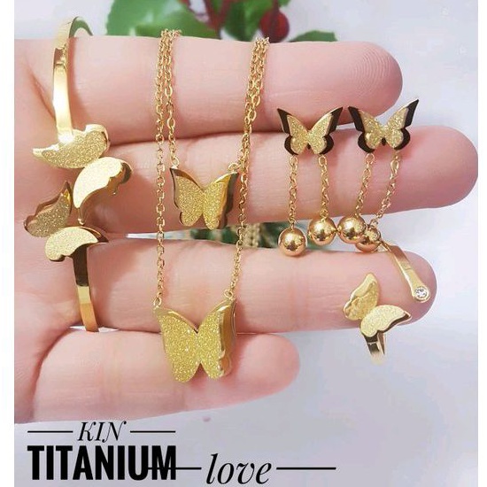 Titanium Set Perhiasan Wanita Gold Kupu Kupu 2910i