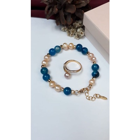 Mutiara Lombom Asli | Set cincin dan gelang mutiara air tawar Kombinasi batu alam