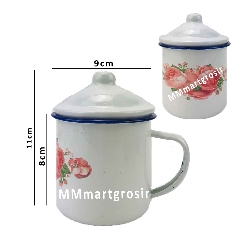 Mug Enamel + Tutup / Cangkir Seng Jadul / Cangkir Motif Bunga / Mug Bermotif