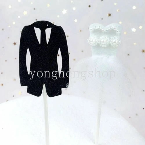 2pcs / set Topper Kue Desain Tuxedo Gaun Pengantin Untuk Dekorasi Pesta Pernikahan