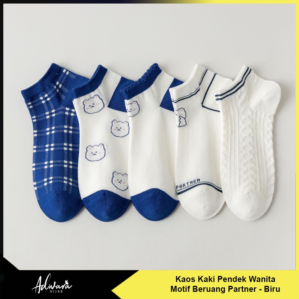 Kaos Kaki Pendek Wanita Warna Biru Motif Beruang Lucu Partner Fashion Korea