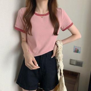 TJM BJ284 Baju Wanita Atasan Round Neck Short Sleeve Contrast Colour T-Shirt Kaos Wanita Lengan Pendek