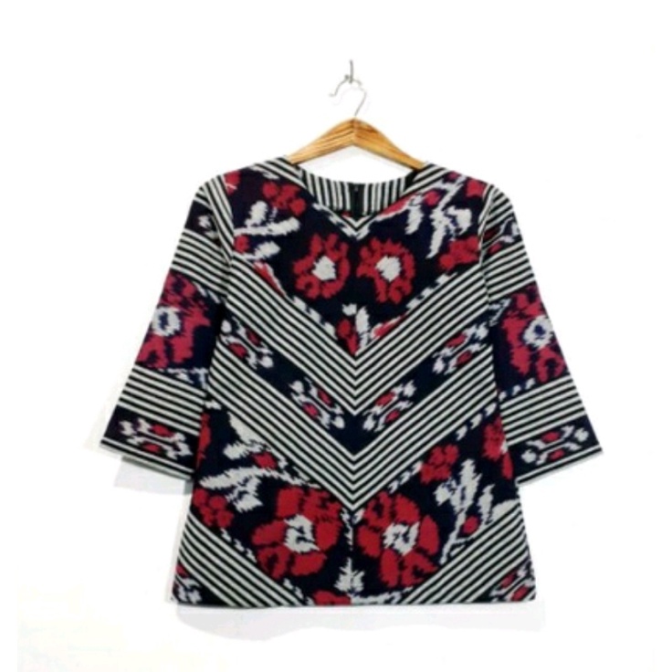 Blouse tenun bunga lurik resleting depan baju kerja kantor