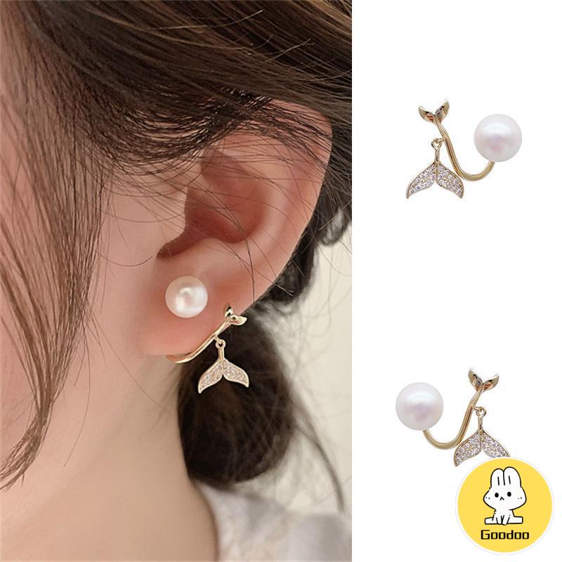 Pearl Fishtail Back Hanging Earrings Wanita High-end Cahaya Mewah Penuh Berlian Anting Geometris -Doo