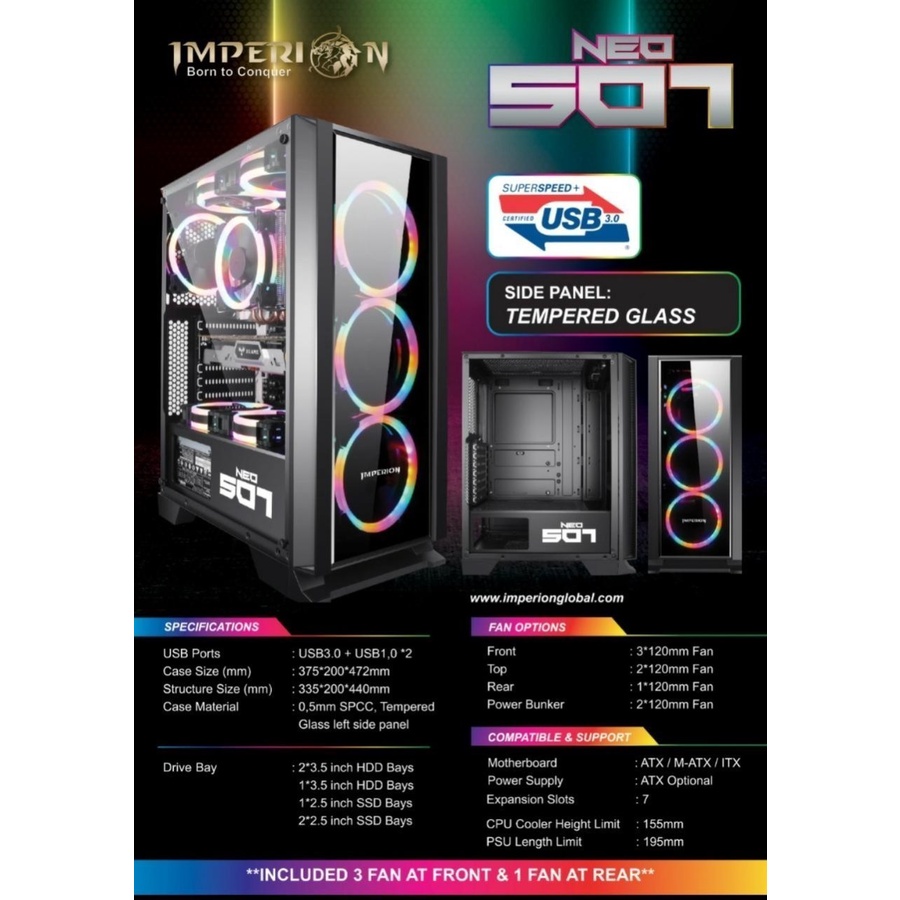Imperion Neo 507 Tempered Glass ATX PC Gaming Casing RGB Fan