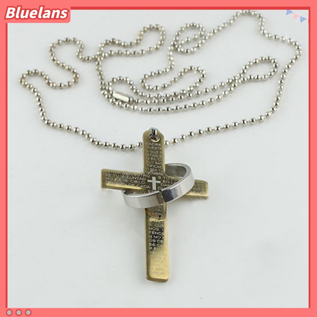 Bluelans Men Stainless Steel Prayer Cross Ring Pendant Ball Chain Punk Necklace Jewelry