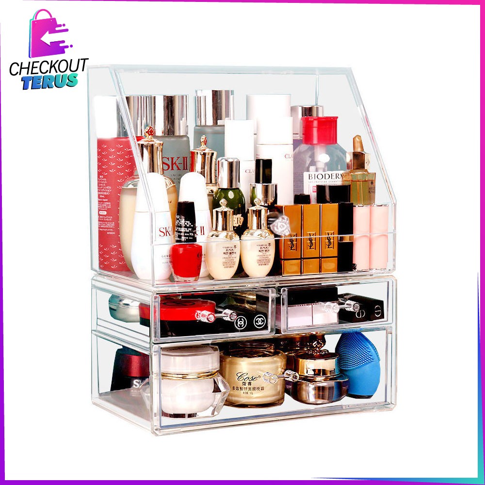 CT K133 Rak Kosmetik Acrylic Transparan Dengan Penutup Anti Debu Storage Box Laci Rak Make Up Skincare Organizer Laci Tempat Penyimpanan Multifungsi