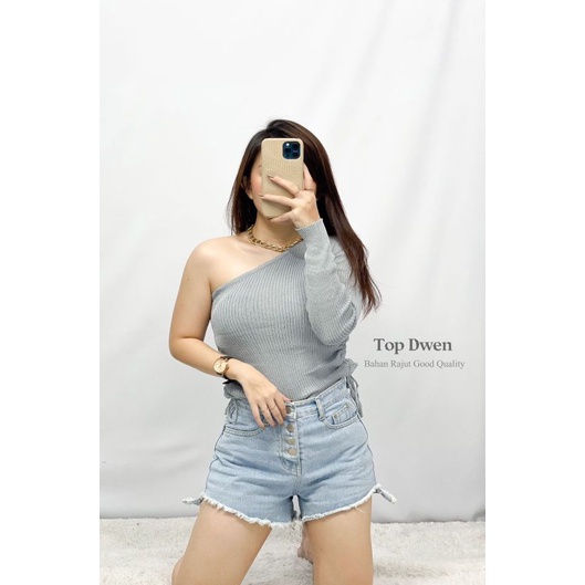 MDLV TOP DWEN RAJUT TOP ONE SHOULDER CROP SERUT RAJUT ATASAN CROP SEXY KOREA TERBARU FASHION WANITA