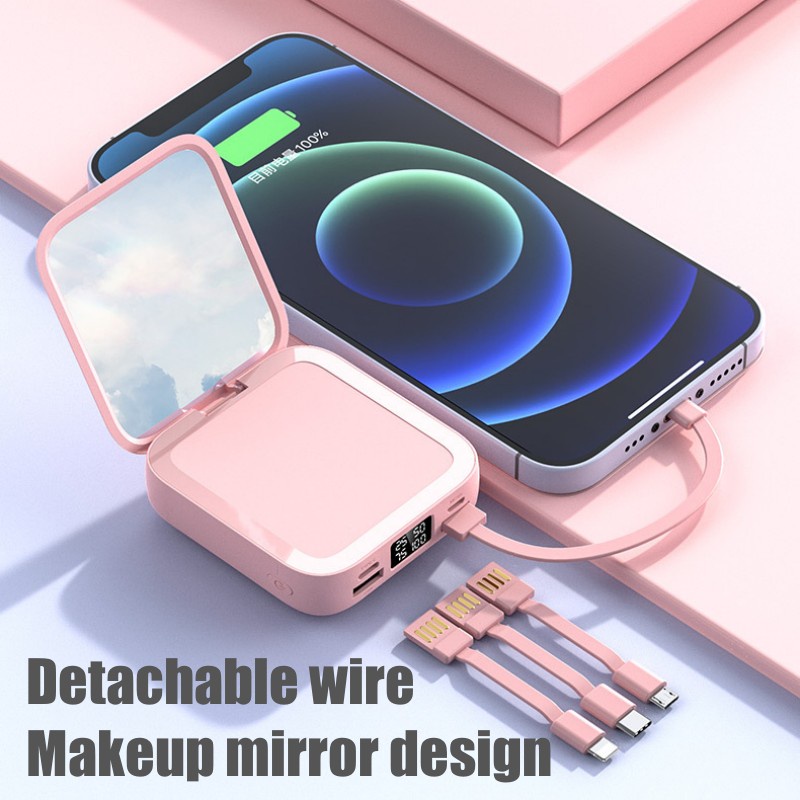 Powerbank 20000mAh Kapasitas Besar Powerbank Built in 3 Cables Fast Charging Portable Power Bank Make-up Mirror