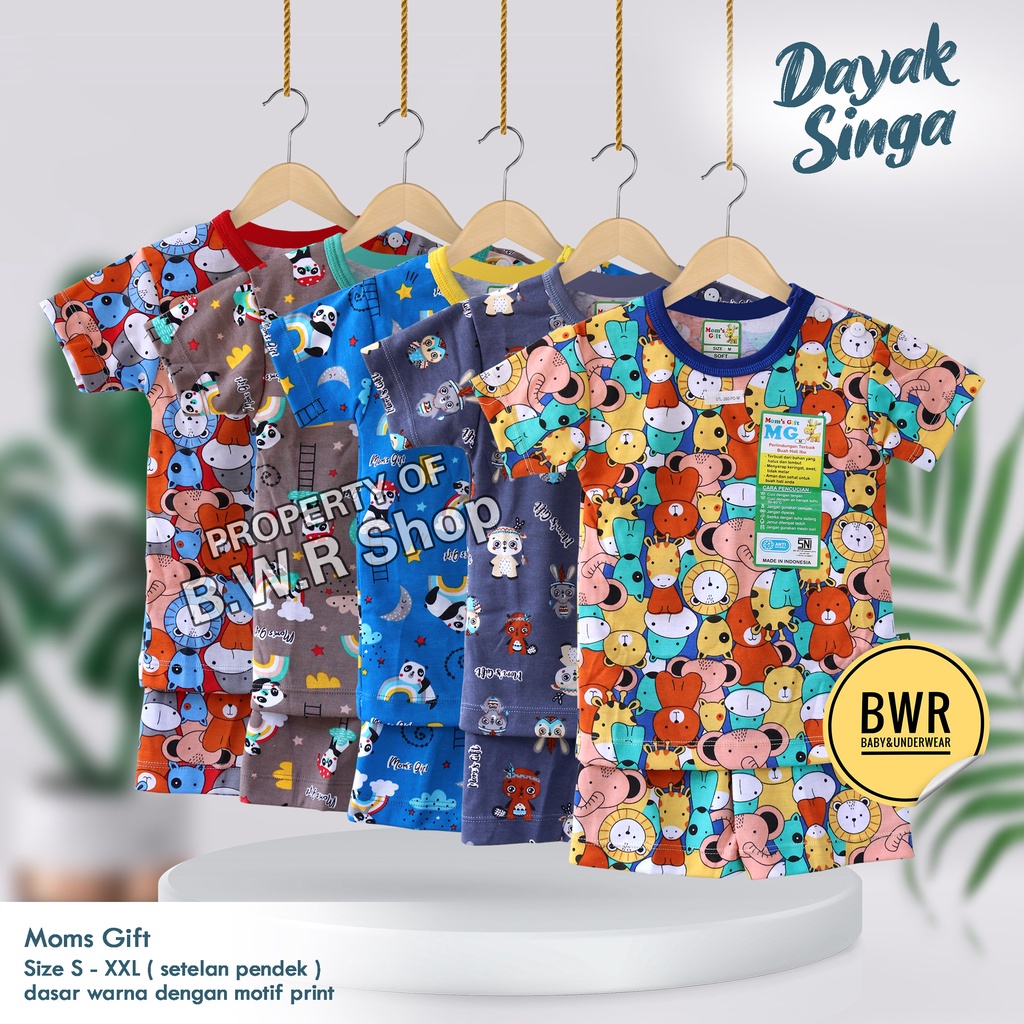 Setelan PENDEK Moms Gift DAYAK Singa HIU Rabbit Series / Baju Bayi Setelan Mom's Gift Terbaru Piyama Anak Unisex Pendek Baju Tidur 09mg | Bwr