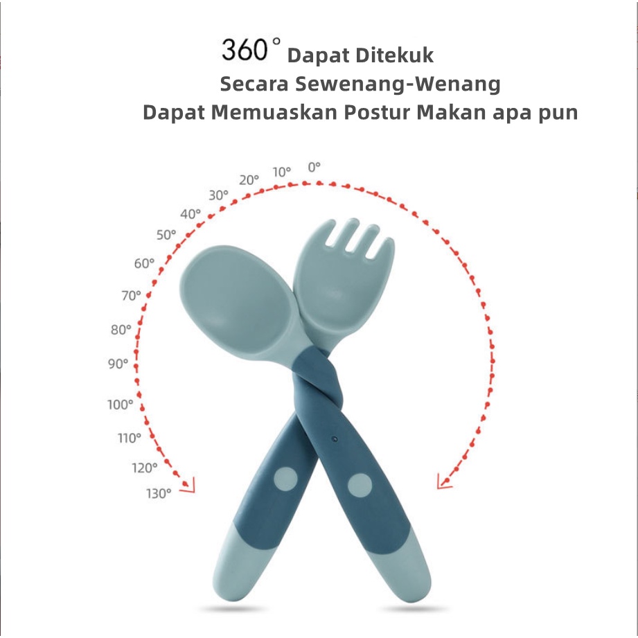 [SmallBell shop]2 In 1 Garpu + Sendok / Portable Bayi Sendok Garpu Belajar Makan Sendok Ditekuk Sendok Garp / Sendok garpu bengkok anak-anak / Sendok garpu bayi memutar bayi portabel