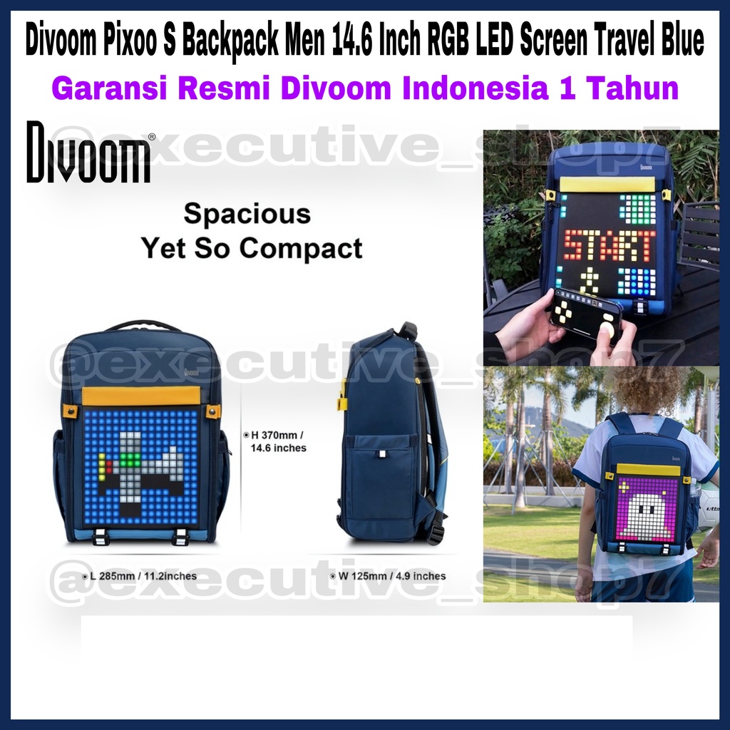 Divoom Pixoo S Backpack Men 14.6 Inch RGB LED Screen Travel Blue - Garansi Resmi Divoom Indonesia 1 Tahun
