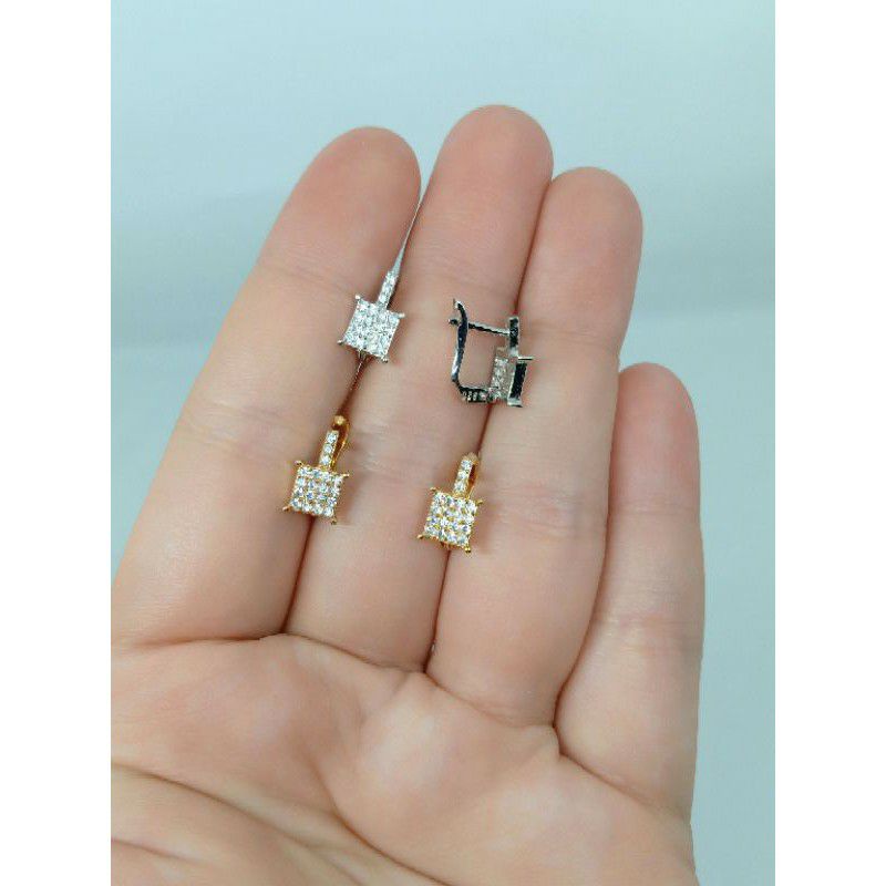 anting perak asli925 lapis mas anting jepit model kotak mata putih/ anting silver925 model baru