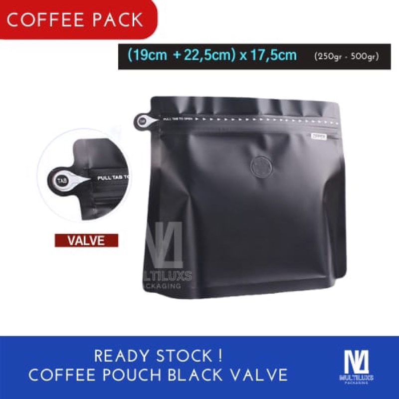 WIDE STANDING POUCH BLACK ZIPPER WITH VALVE ALUMINIUM FOIL PACKAGING/KEMASAN KOPI PREMIUM KEMASAN 50