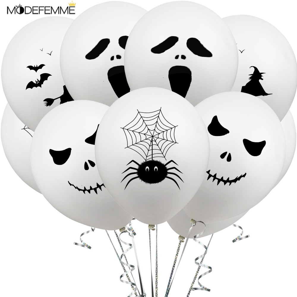 10 Pcs Balon Latex Motif Print Hantu / Kelelawar / Laba-Laba Warna Putih Untuk Dekorasi Halloween