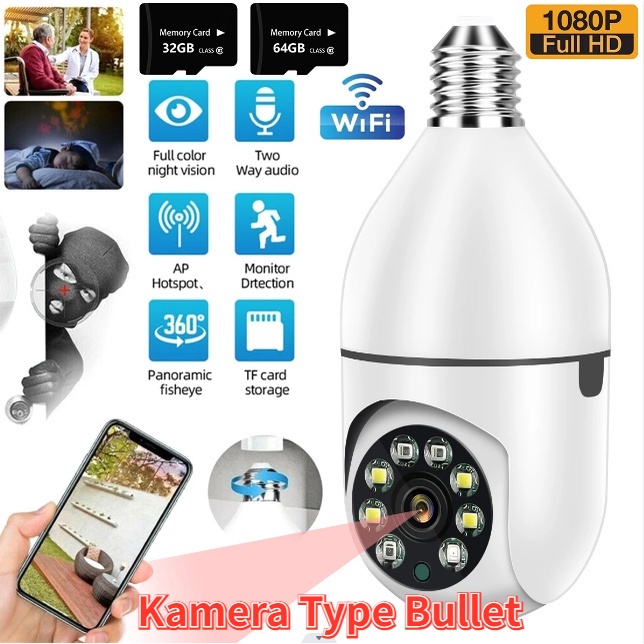 【COD】IP Kamera Cctv/CCTV Kamera Wireless/Kamera Cctv Wifi Lampu/E27 Bolam Kamera HD 1080P Night Vision 360° Rotasi Kamera Keamanan Rumah Tangga WiFi