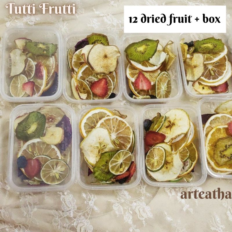 

Tutti Frutti - Mix 12 jenis dried fruit - dehydrated fruit - Infused water pack [ strawberry+mulberry+lemon+lime+orange+pineapple+apple+kiwi+pear+fig(buah tin)+blackcurrant] (tidak kriuk/bukan kripik)