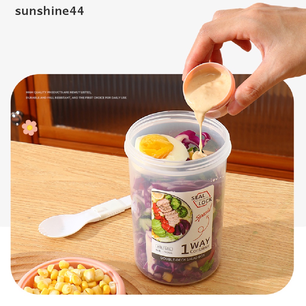 Sunshine 1Pc Gelas Plastik Portable Dengan Tutup + Sendok Untuk Salad / Sarapan