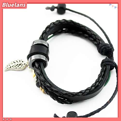 Gelang Multilayer Adjustable Bahan Kulit Imitasi Dengan Liontin Daun Untuk Unisex
