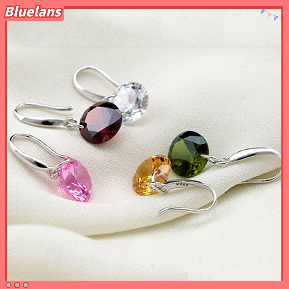 Anting Hook Silver Plated Bentuk Bulat Aksen Berlian Imitasi Untuk Wanita