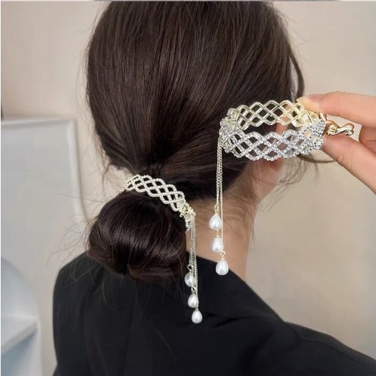 Jepit Rambut Ponytail Bahan Alloy Aksen Mutiara Berlian Imitasi Gaya Korea Untuk Wanita