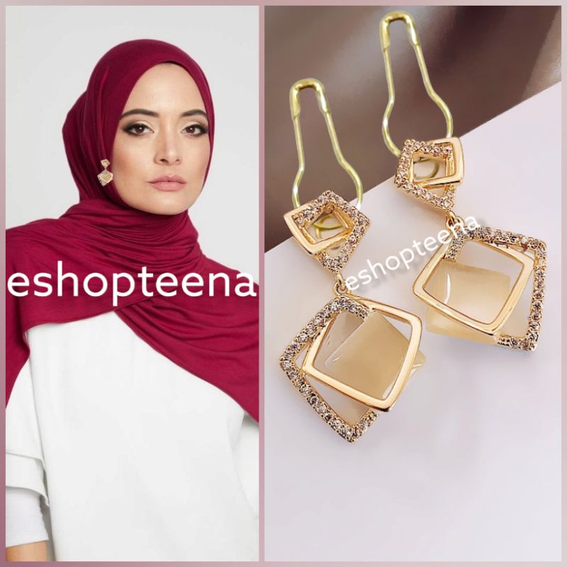 A101 anting hijab juntai segi 4 double cream gold_anting jilbab