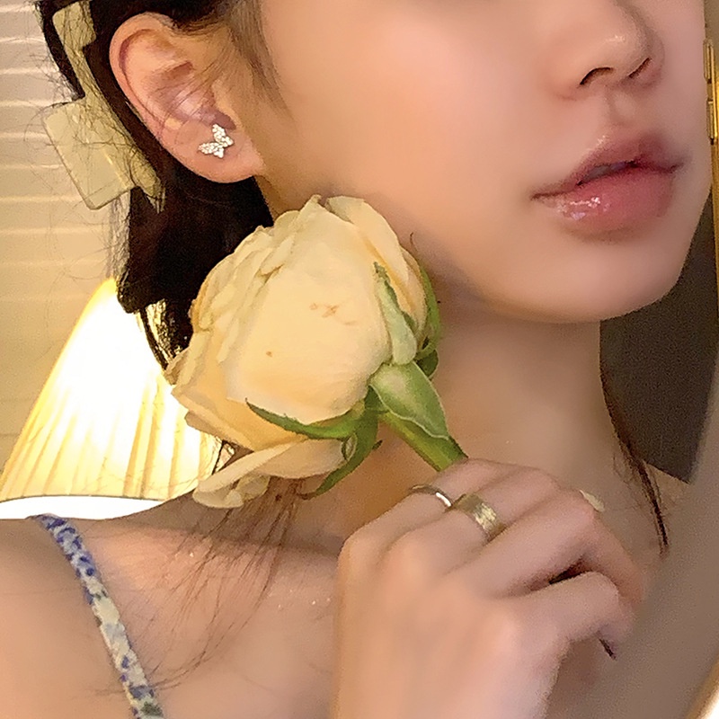 Roselife 6PCs / Set Anting Tusuk Silver Wanita Desain Kupu-Kupu Hias Mutiara + Kristal Gaya Korea