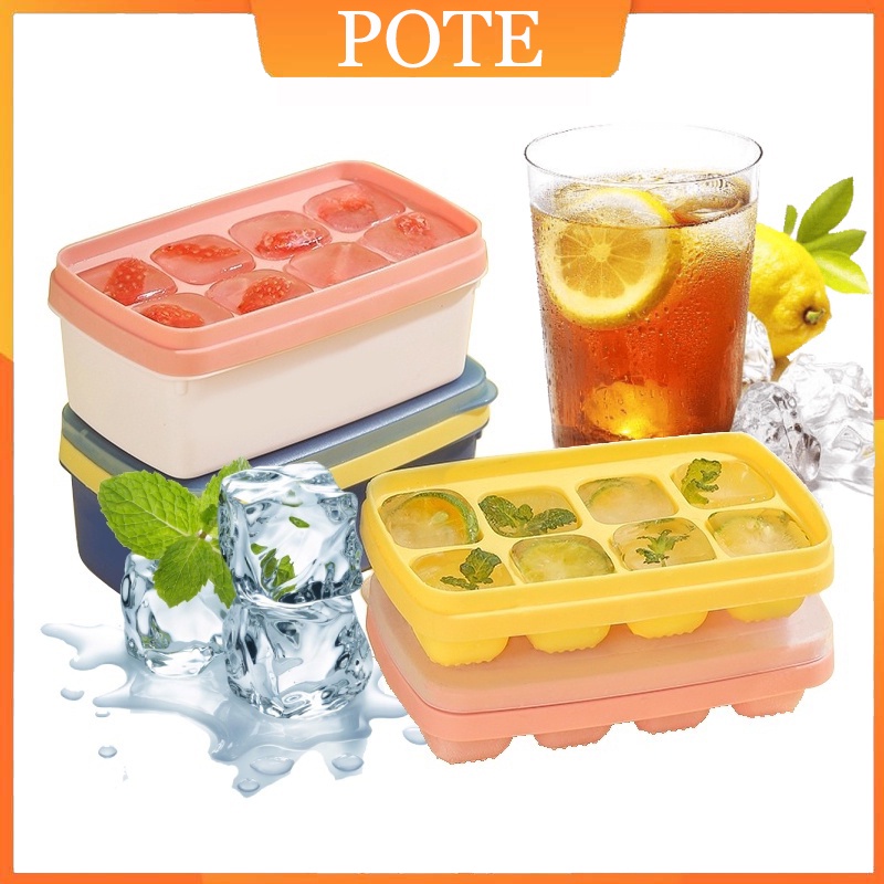 POTE Cetakan Es Batu 8 Tray Silikon Model Tekan Wadah Box Sekop Es Press Type Ice Cube Making Box Ice Storage