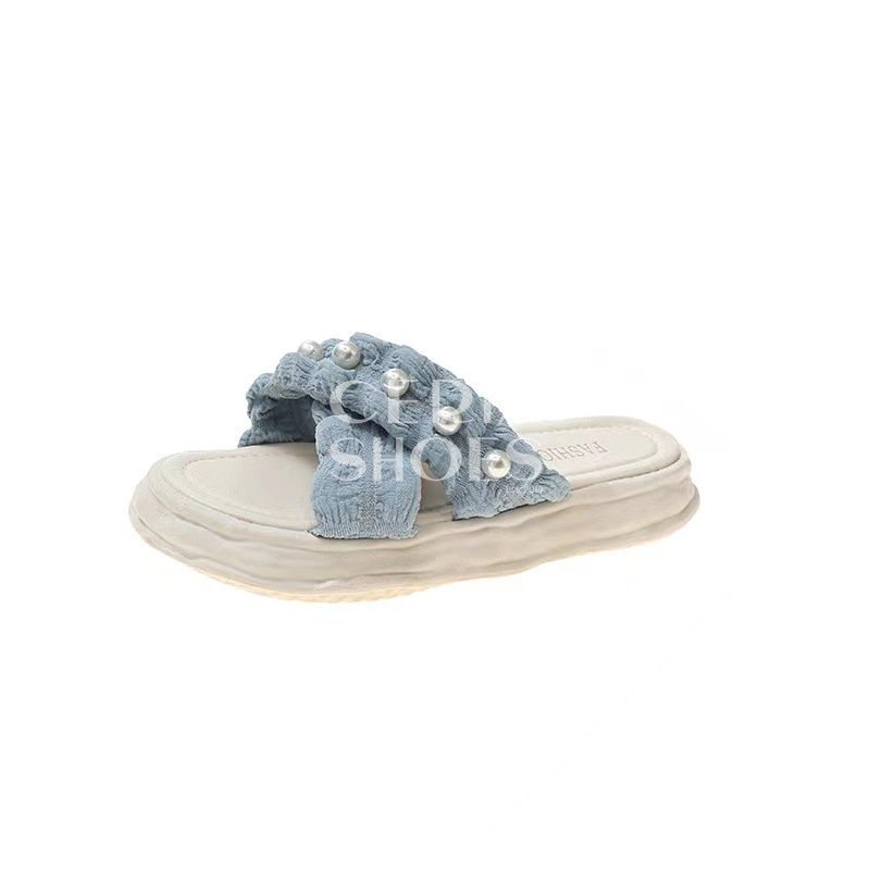 PVC Sandal Slop Wanita Jelly Import Motif Kain Mutiara Bahan LEntur Empuk Tebal Non-Slip Sole Super Soft Cross Cake