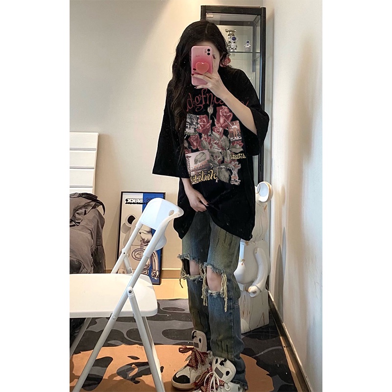 EUNII T-shirt Lengan Pendek Retro Mawar Pencetakan Longgar Korean Style/Kaos Atasan Wanita/Baju Kaus Oversize Wanita