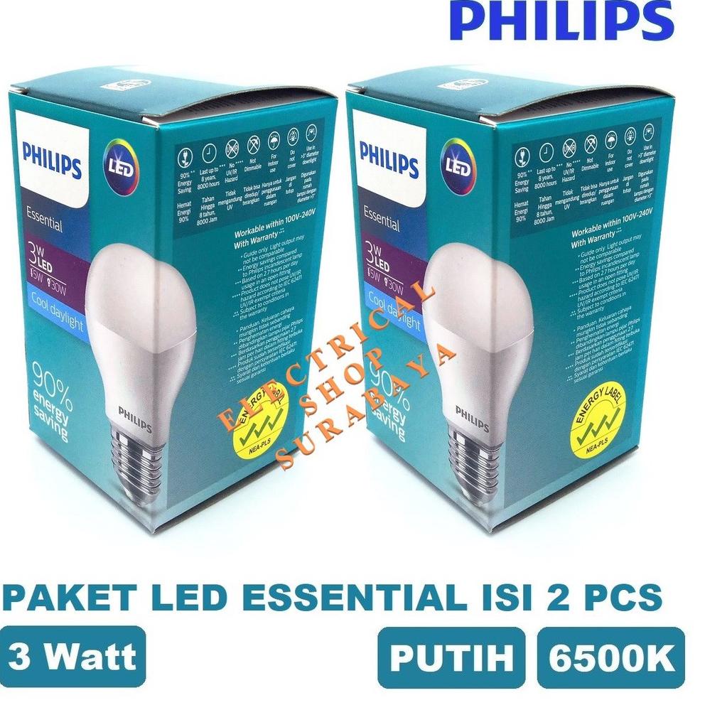 PAKET ISI 2 PCS LAMPU PHILIPS LED ESSENTIAL 3W 3 WATT PUTIH MURAH ◦ MPT.18Oc22ᴵ