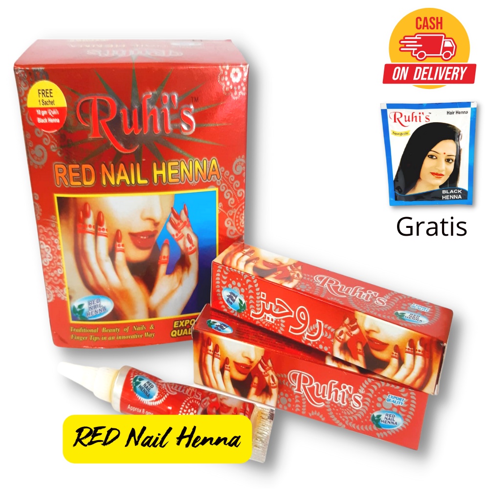 Ruhis Nail Henna Red isi 12pcs - Pacar Kuku Warna Merah - Cat Kuku Asli Arab - Hena kuku halal