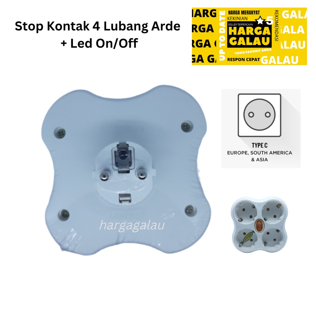 Stop Kontak 4 Lubang Arde + Led Switch OnOff Steker Segi Empat 4in1
