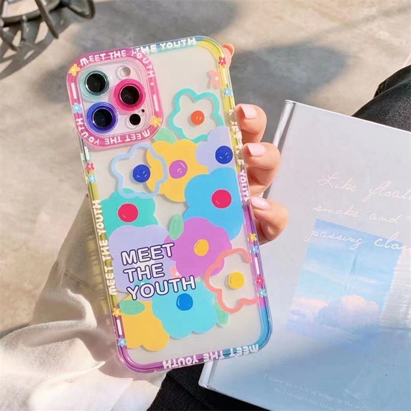 Casing for iPhone 14 13 12 11 Pro Max SE 2020 XR X XS Max iPhone 7 8 6 6s Plus 7P 8P SE 2020 Small fresh Flower Phone Case Transparent Soft Silicone Four Corners Anti-fall Protection Back Cover