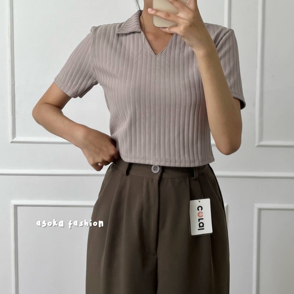 Lily Top 260 - Kaos Knit Rib - Kaos Pendek Wanita - Kaos Polo Crop-Taupe
