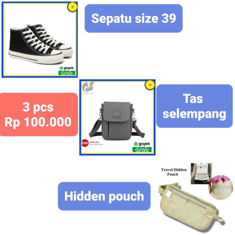 3 pcs Borongan Hemat / Sepatu Sneakers high / Tas selempang Sling Bag Gray / Travel Hidden pouch