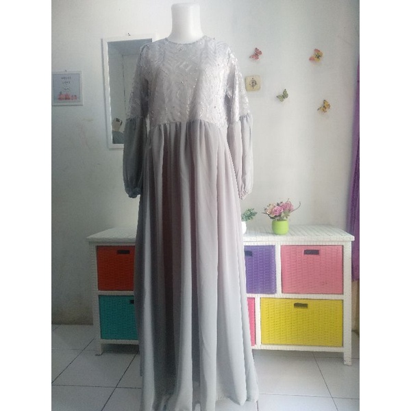 GAMIS PESTA KOMBINASI BURKAT CERUTY TANGAN BALON