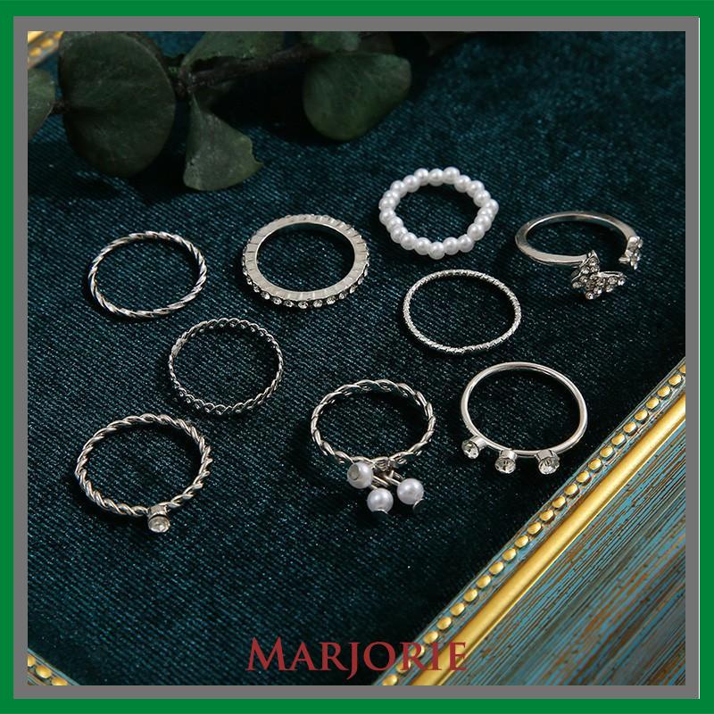 9 PCS Wanita Tipis Berongga Mutiara Kristal Kupu-kupu Berlian Premium Knuckle Ring Set-MJD