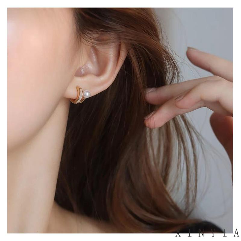 【Bayar di tempat】Anting Stud Huggie Mutiara Zircon Kecil Gaya Korea Klasik Elegan Untuk Wanita