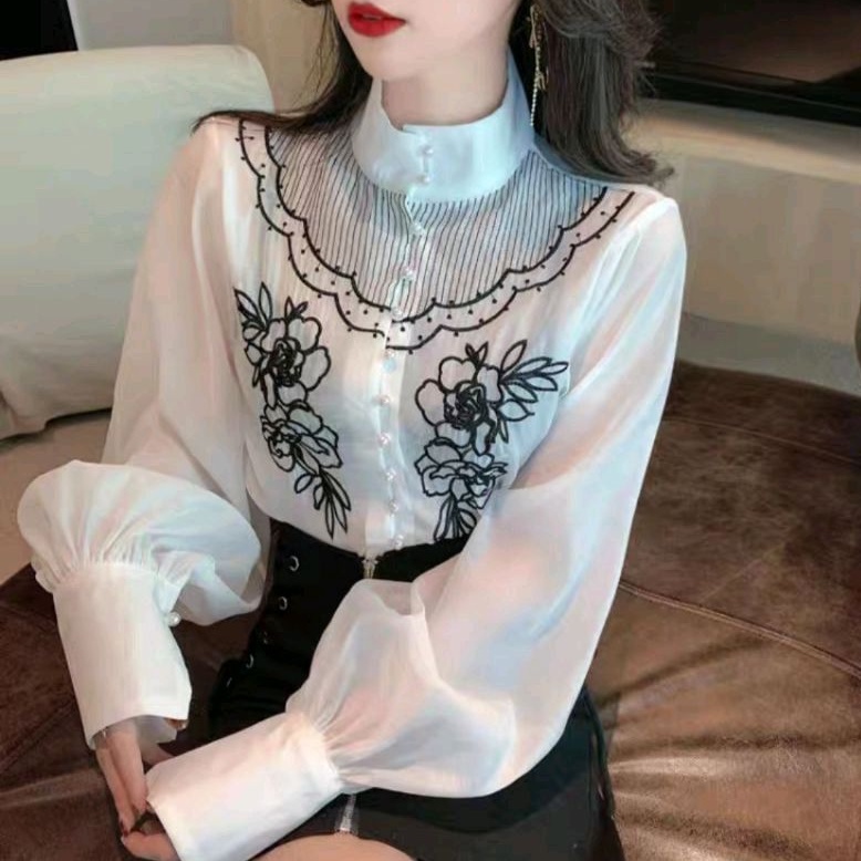 2181 Baju atasan blouse EMBROIDERED ORGANZA bordir lengan panjang Baloon Puff Sleeve top Korea Korea