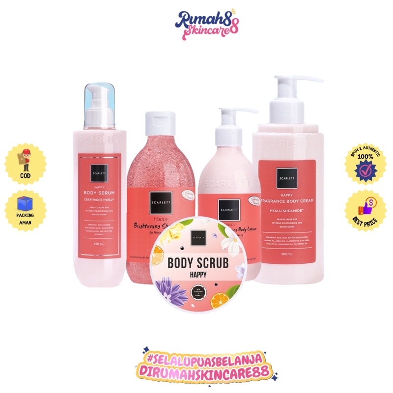 SCARLETT Happy Series | Lotion | Body Serum | Body Cream | Shower Scrub Gel | Body Scrub Lulur Scarlett Happy