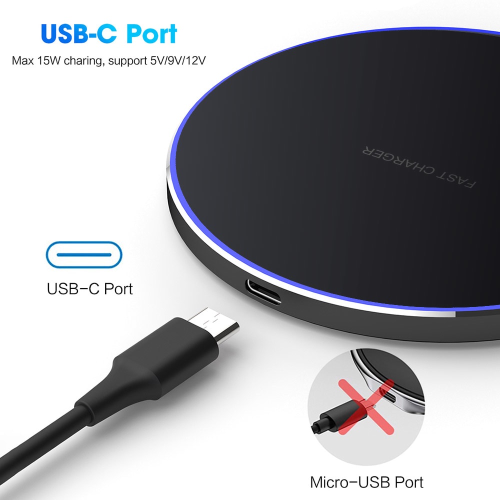 Wireless Charger Qi Fast Charging Pad USB Type C Port 15W LED Ring Indicator Adapter AirPods iPhone Samsung Dekstop