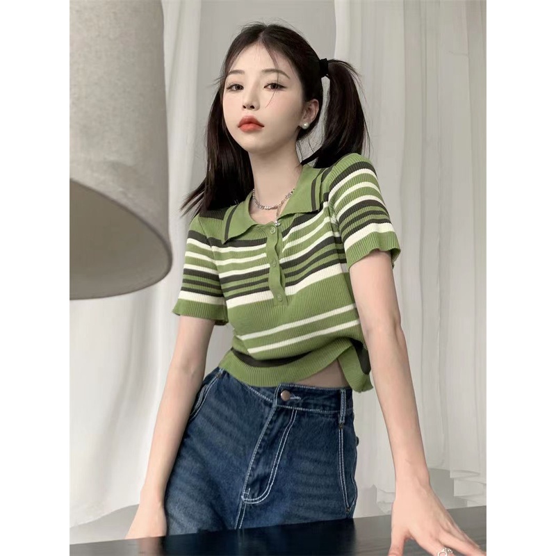 Stripe Baju Rajut Lengan Pendek Wanita Knit Sweater Korea