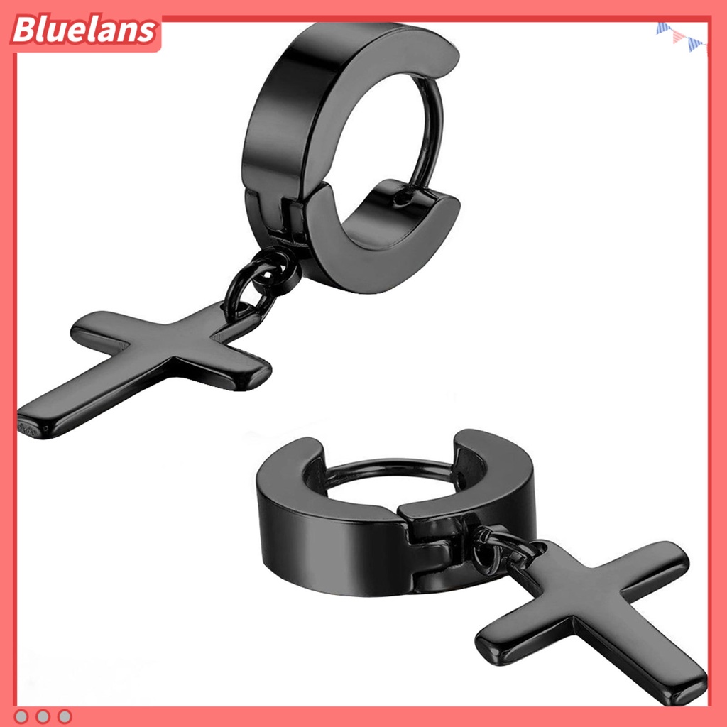 Bluelans 1 Pair Ear Dangle Cross Pendant Eco-friendly Stainless Steel Huggie Hinged Hoop Earrings for Men