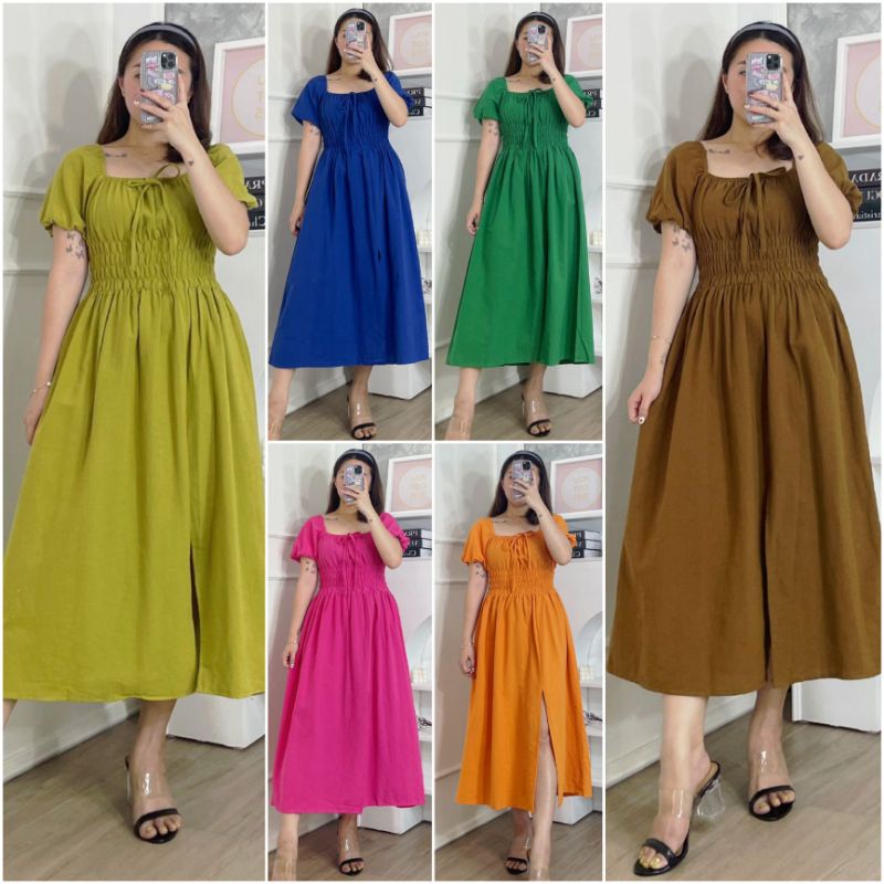 ♡ PREMIUM ♡ REAL PIC ! MEIRYN VINTAGE SMOCKED SLIT MIDI DRESS